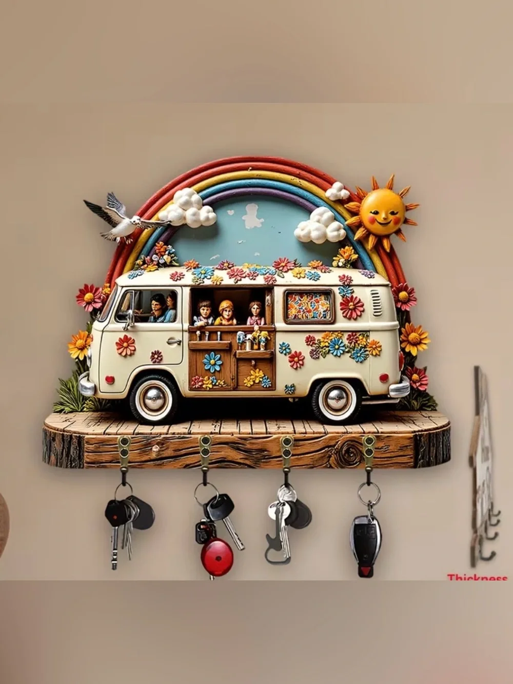 Boho Camper Van Key Rack Wall Hook – Cream Retro Floral